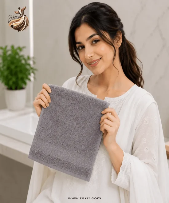 Premium gray face towel 12x12 inches by Zekrr, ultra-soft cotton washcloth for facial cleansing, skincare, and daily use.