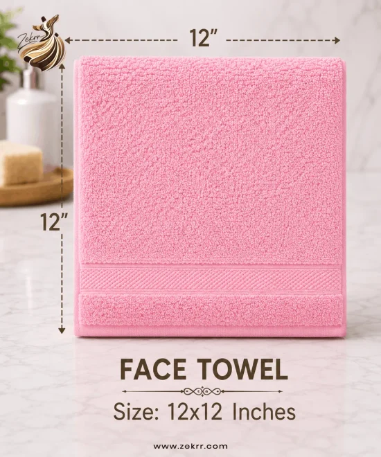 Premium pink face towel 12x12 inches by Zekrr, ultra-soft cotton washcloth for facial cleansing, skincare, and everyday use.