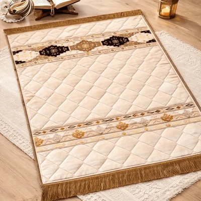 Beige luxury velvet prayer mat with embroidered Islamic patterns and soft cushioning by ZEKRR