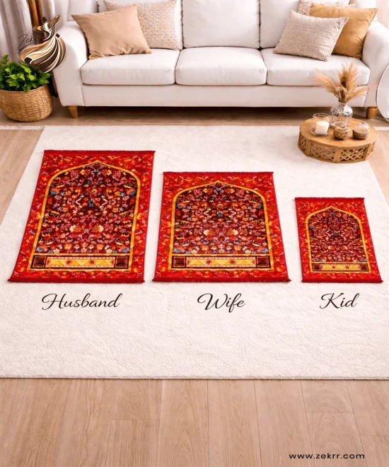 Red patterned family prayer mat set for husband, wife, and child with traditional Islamic design by ZEKRR
