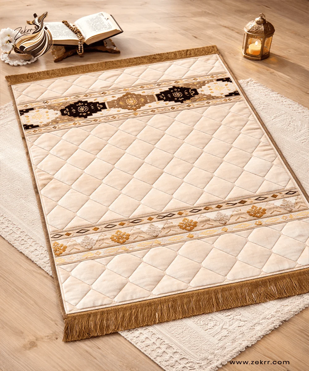 Beige luxury velvet prayer mat with embroidered Islamic patterns and soft cushioning by ZEKRR