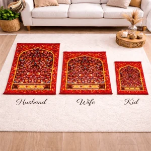 Red patterned family prayer mat set for husband, wife, and child with traditional Islamic design by ZEKRR
