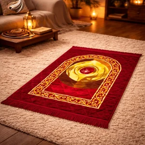 Luxury red velvet prayer mat with gold Islamic arch design placed in a cozy living room setting